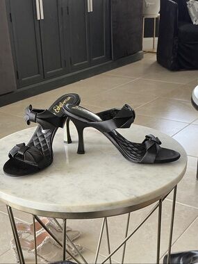 Sam Edelman Black Satin Bow-Trim Heeled Sandals